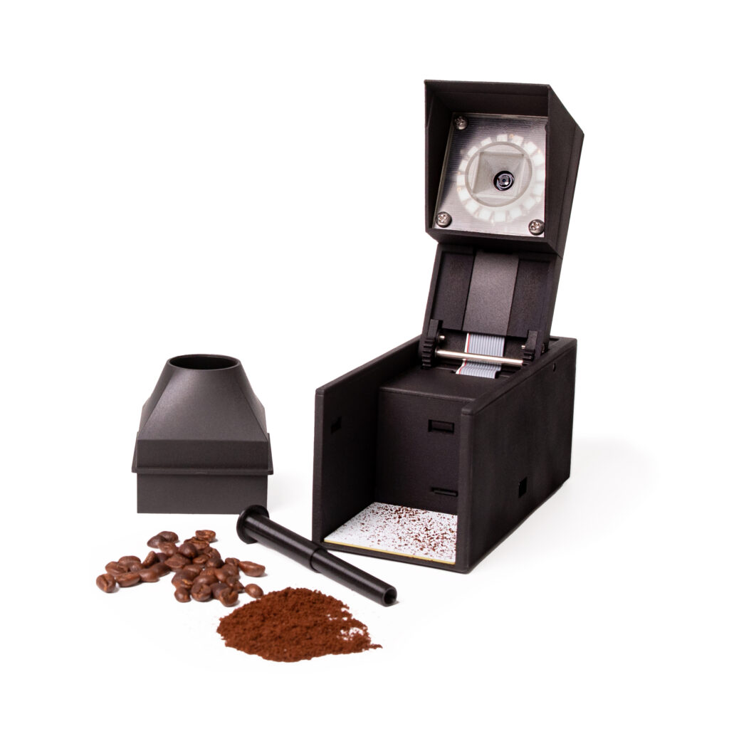 The 3TEMP Coffee Particle Analyzer CPA Coffee Particle Analyzer with coffee grind dosage device and coffee grain sieve