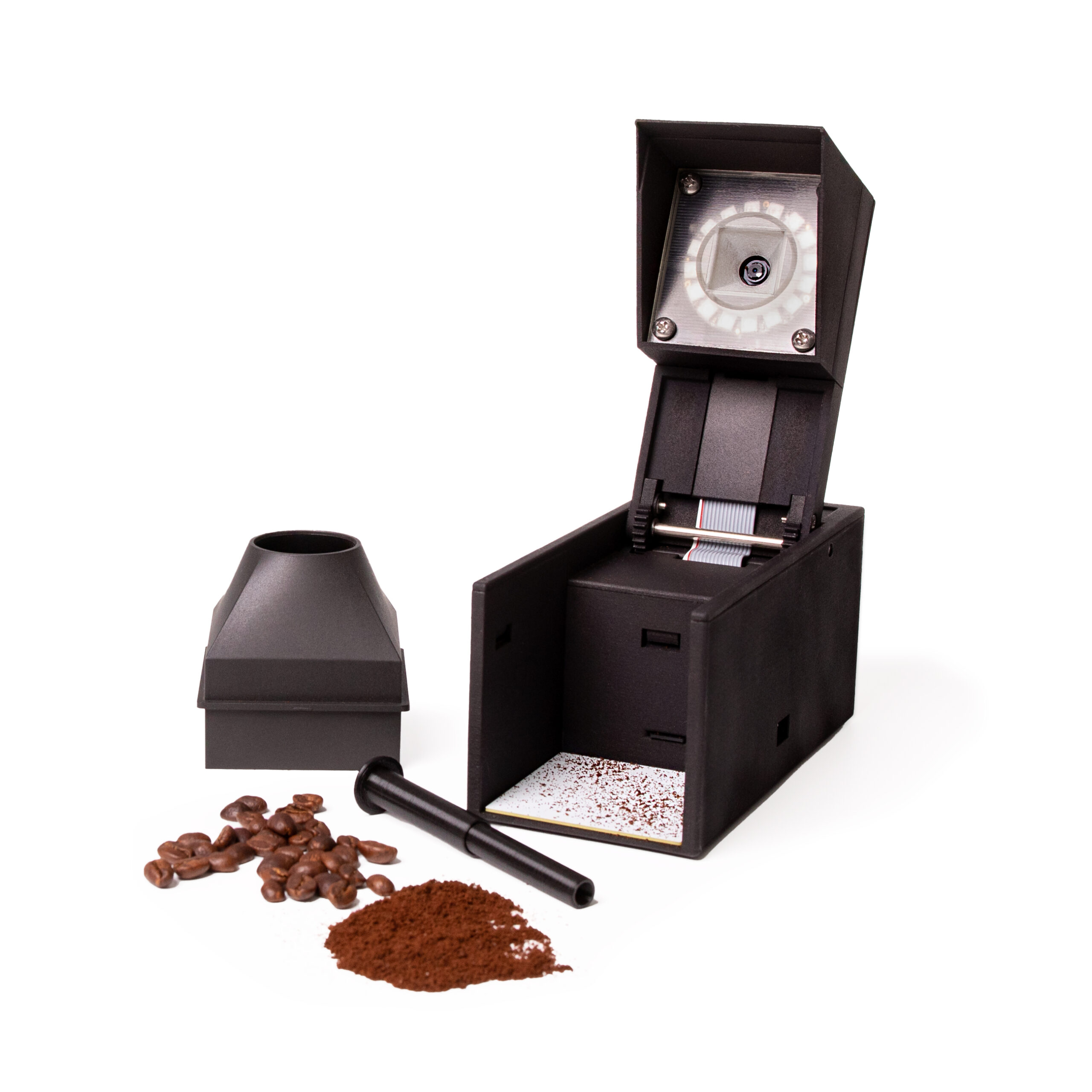 CPA Coffee Particle Analyzer with coffee grind dosage device and coffee grain sieve