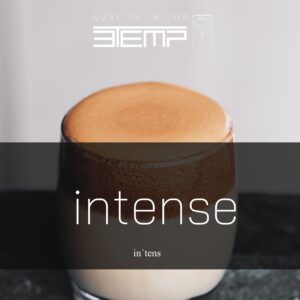 A close-up image of a coffee cup filled with a frothy and creamy beverage, with the word “intense” displayed prominently and additional text indicating quality.