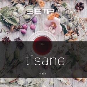 This serene and artistic composition features a cup of tisane surrounded by an assortment of elements like flowers, leaves, and fruits on a wooden surface. The text “tisane” is prominently displayed, evoking a sense of tranquility and connection to nature.