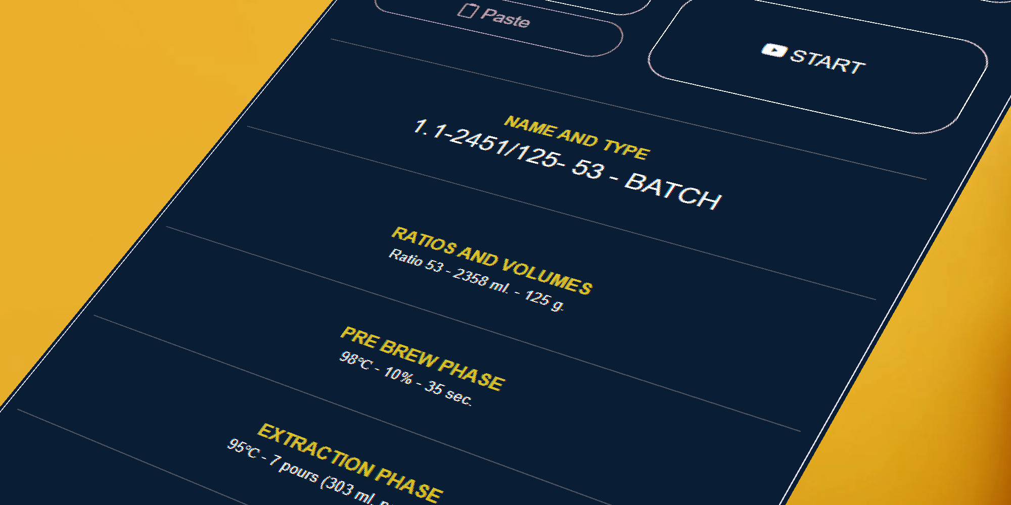 A screenshot of the 3TEMP recipe editor interface displaying sections for name and type, ratios and volumes, pre-brew phase, and extraction phase against a yellow background.